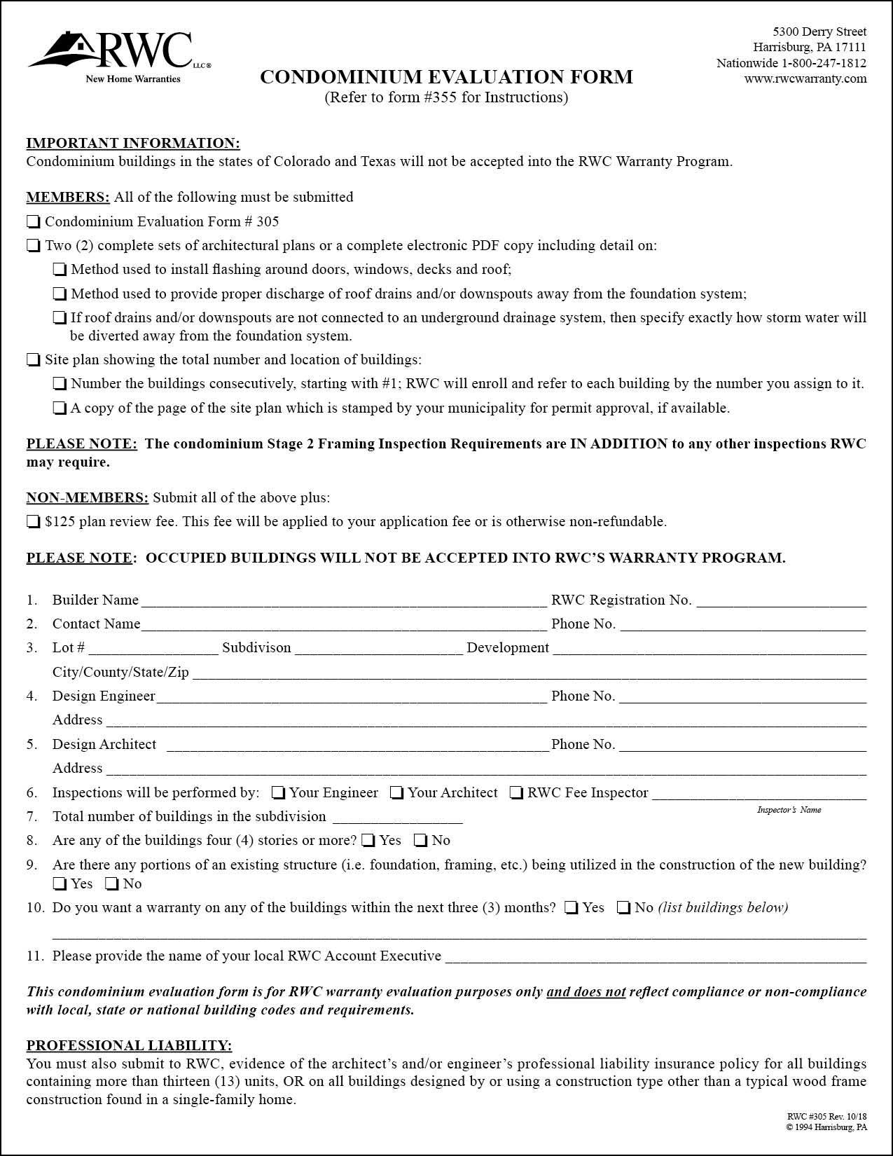 RWC Condominium Evaluation Form