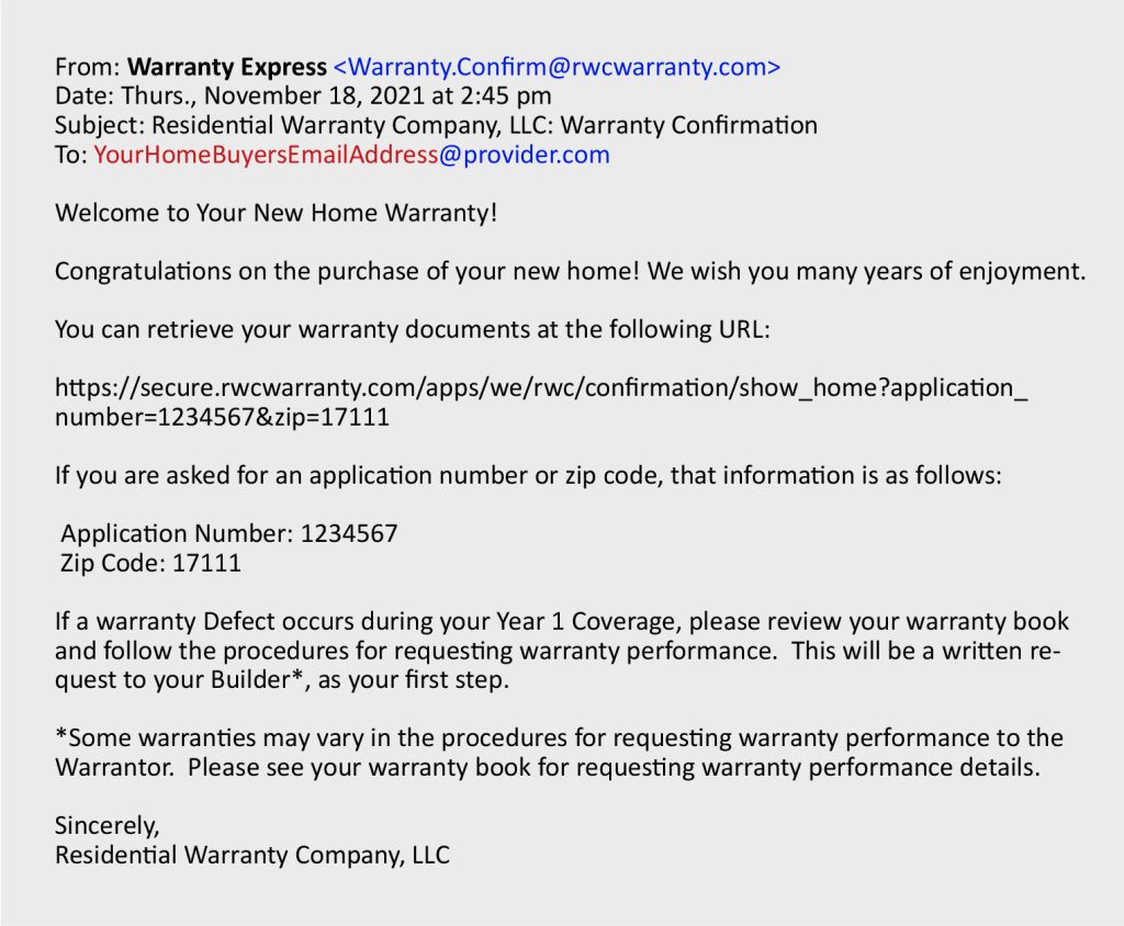 warranty confirmation email coverage on new construction homes